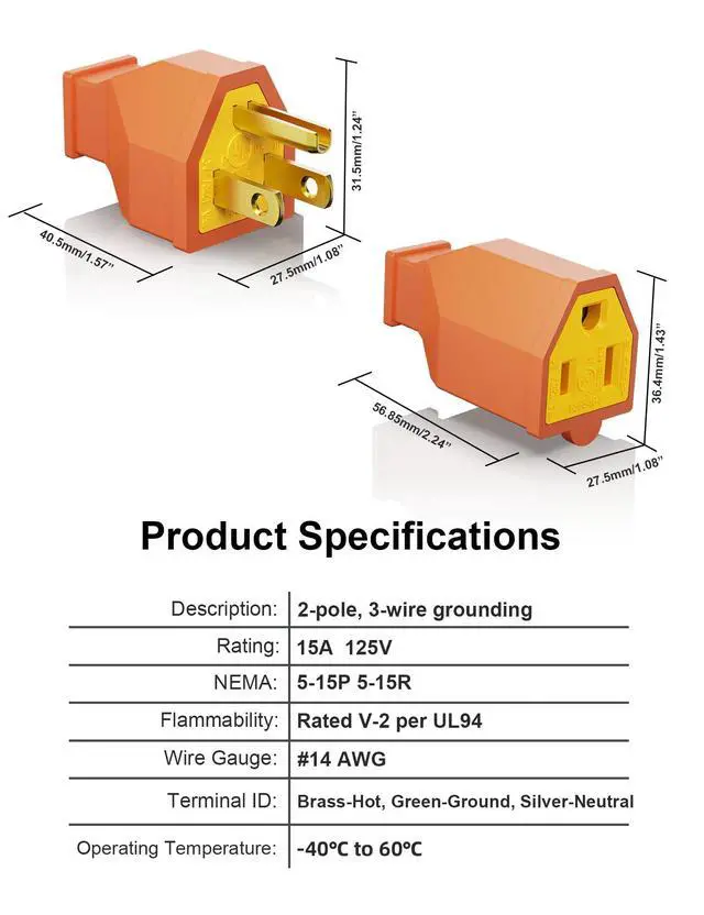Alt view image 7 of 7 - Extension Cord Ends - Male & Female Replacement Plug & Connector Set, Straight Blade, 15A 125V, 2 Pole 3 Wire Grounding, UL Listed, Orange, 5 Sets