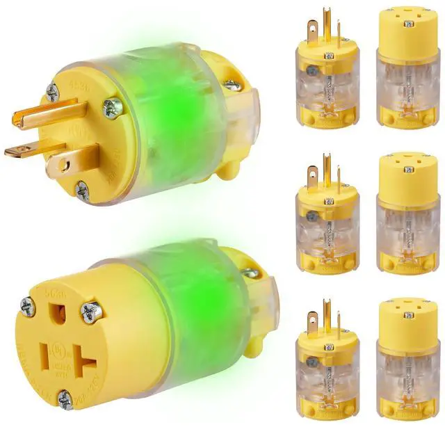 Main image of Lighted Extension Cord Replacement Ends 4 Set, 20 Amp 125 Volt NEMA 5-20 Heavy Duty Plug and Connector Set, Industrial Grade 3-Prong Straight Blade Grounding Type, 2P 3W UL Listed