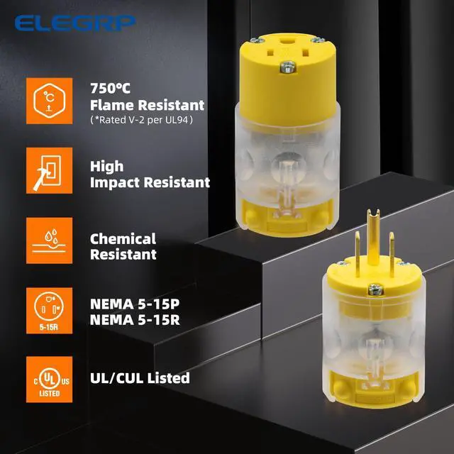Alt view image 2 of 7 - Lighted Straight Blade Electrical Plug and Connector Set 15 Amp 125 Volt NEMA 5-15P NEMA 5-15R 2 Pole 3 Wire Grounding, Commercial Grade, Yellow, 1 Set