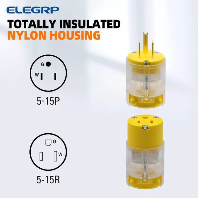 Alt view image 3 of 7 - Lighted Straight Blade Electrical Plug and Connector Set 15 Amp 125 Volt NEMA 5-15P NEMA 5-15R 2 Pole 3 Wire Grounding, Commercial Grade, Yellow, 1 Set