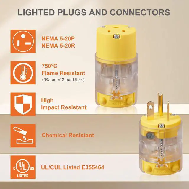 Alt view image 5 of 7 - Lighted Extension Cord Replacement Ends 4 Set, 20 Amp 125 Volt NEMA 5-20 Heavy Duty Plug and Connector Set, Industrial Grade 3-Prong Straight Blade Grounding Type, 2P 3W UL Listed