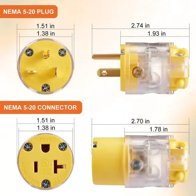 Alt view image 3 of 7 - Lighted Extension Cord Replacement Ends 4 Set, 20 Amp 125 Volt NEMA 5-20 Heavy Duty Plug and Connector Set, Industrial Grade 3-Prong Straight Blade Grounding Type, 2P 3W UL Listed
