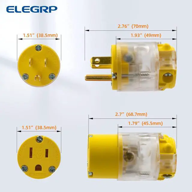 Alt view image 5 of 7 - Lighted Straight Blade Electrical Plug and Connector Set 15 Amp 125 Volt NEMA 5-15P NEMA 5-15R 2 Pole 3 Wire Grounding, Commercial Grade, Yellow, 1 Set