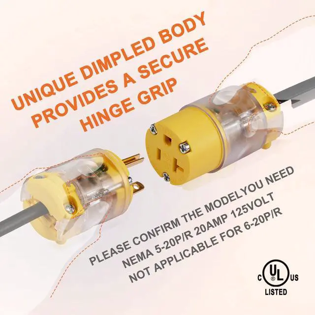 Alt view image 6 of 7 - Lighted Extension Cord Replacement Ends 4 Set, 20 Amp 125 Volt NEMA 5-20 Heavy Duty Plug and Connector Set, Industrial Grade 3-Prong Straight Blade Grounding Type, 2P 3W UL Listed