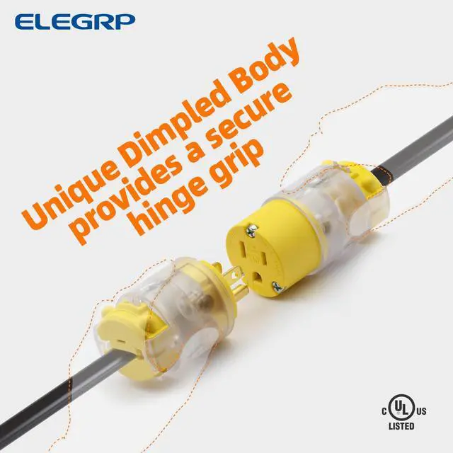 Alt view image 6 of 7 - Lighted Straight Blade Electrical Plug and Connector Set 15 Amp 125 Volt NEMA 5-15P NEMA 5-15R 2 Pole 3 Wire Grounding, Commercial Grade, Yellow, 1 Set