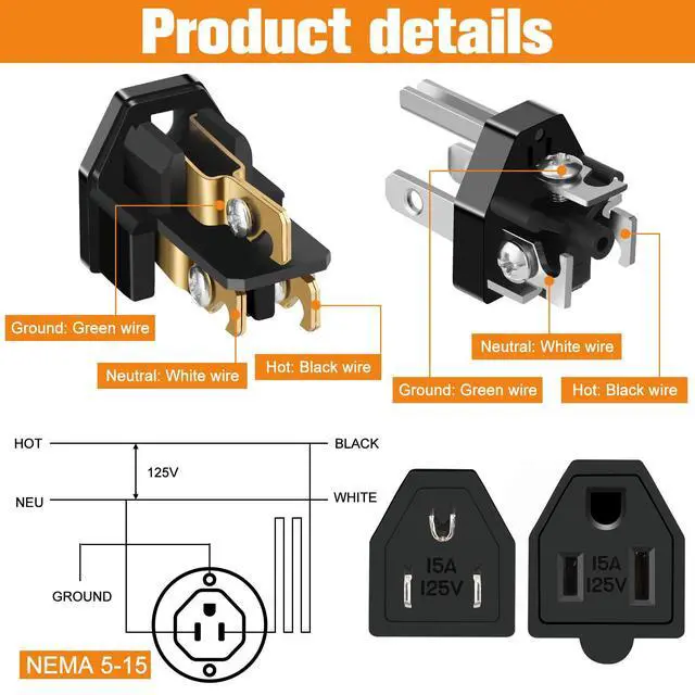Alt view image 3 of 7 - 30 Pcs Extension Cord Replacement Ends Male and Female 125v 15a 2 Pole 3 Wire Electrical Replacement Plug & Connector 3 Prong Plug and Connector Electrical Male Female Straight Blade