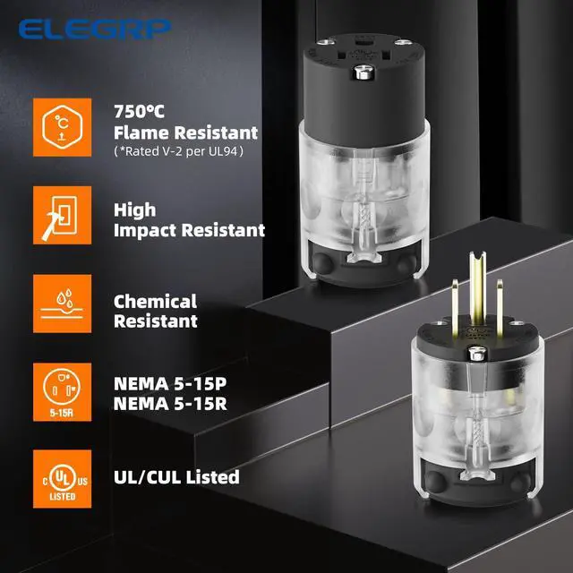 Alt view image 2 of 7 - Lighted Straight Blade Electrical Plug and Connector Set, 15 Amp 125 Volt NEMA 5-15P NEMA 5-15R 2 Pole 3 Wire Grounding, Commercial Grade, Black, 2 Set
