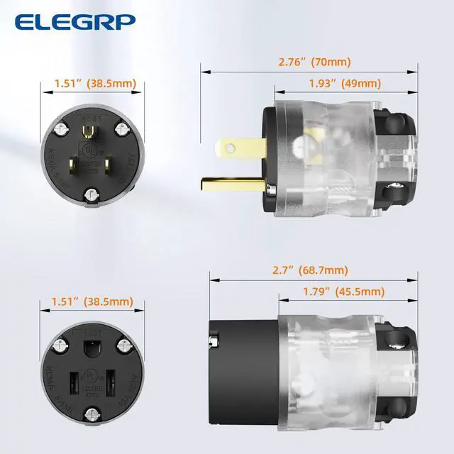 Alt view image 7 of 7 - Lighted Straight Blade Electrical Plug and Connector Set, 15 Amp 125 Volt NEMA 5-15P NEMA 5-15R 2 Pole 3 Wire Grounding, Commercial Grade, Black, 2 Set