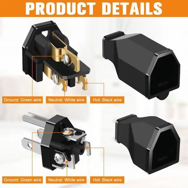 Alt view image 4 of 7 - 5 Sets Extension Cord Plug Replacement Male and Female Extension Cord Ends 125V 15A 2 Pole 3 Wire Male and Female Connector Straight Plug Replacement Compatible with NEMA 5-15R and 5-15P 1875w