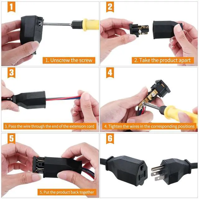 Alt view image 6 of 7 - 5 Sets Extension Cord Plug Replacement Male and Female Extension Cord Ends 125V 15A 2 Pole 3 Wire Male and Female Connector Straight Plug Replacement Compatible with NEMA 5-15R and 5-15P 1875w