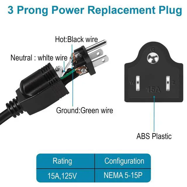 Alt view image 3 of 7 - Electrical Replacement Plugs Male End Extension Cord 125V 15A 2Pole 3Wire 2 Pole Male Straight Blade Plug Ground Neutral Generator Plug,3 Prong Power Cord 3 Pack