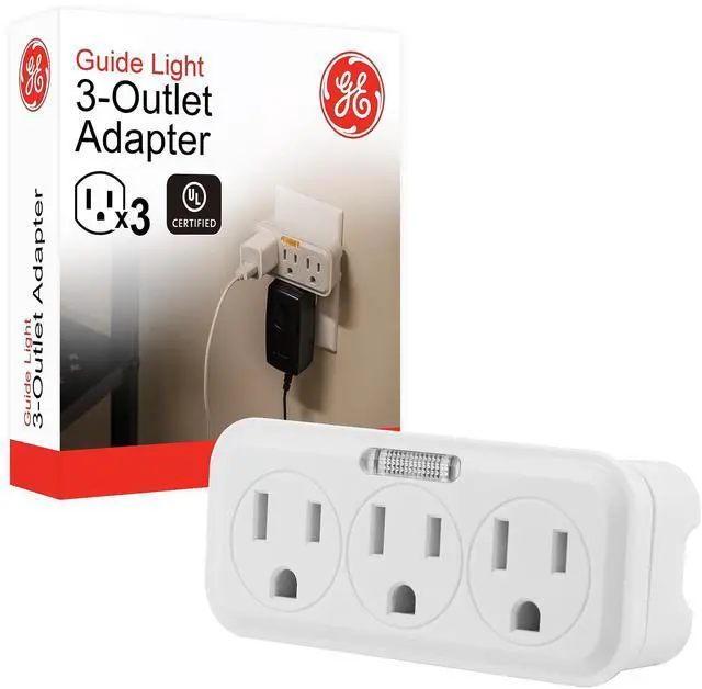 Main image of 3 Outlet Adapter Wall Tap with Guide Light, 3 Prong Outlet, Grounded Outlet, UL Listed, White, 14494