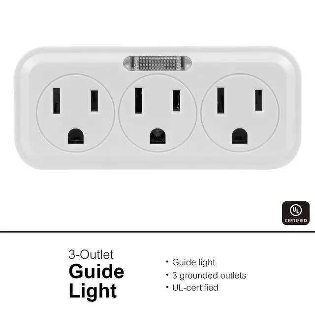 Alt view image 3 of 7 - 3 Outlet Adapter Wall Tap with Guide Light, 3 Prong Outlet, Grounded Outlet, UL Listed, White, 14494
