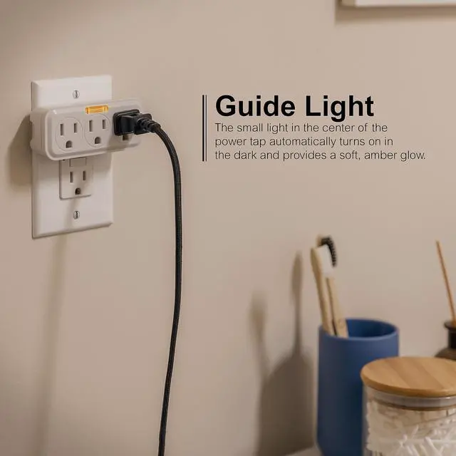 Alt view image 4 of 7 - 3 Outlet Adapter Wall Tap with Guide Light, 3 Prong Outlet, Grounded Outlet, UL Listed, White, 14494