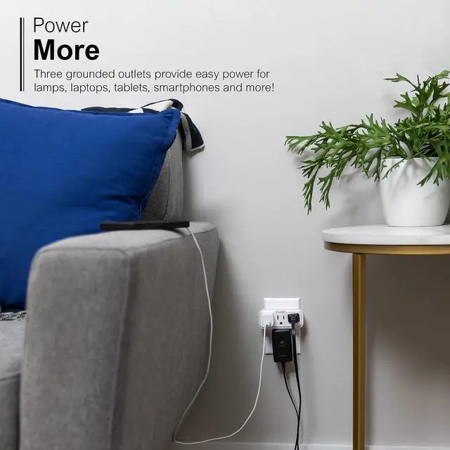 Alt view image 5 of 7 - 3 Outlet Adapter Wall Tap with Guide Light, 3 Prong Outlet, Grounded Outlet, UL Listed, White, 14494
