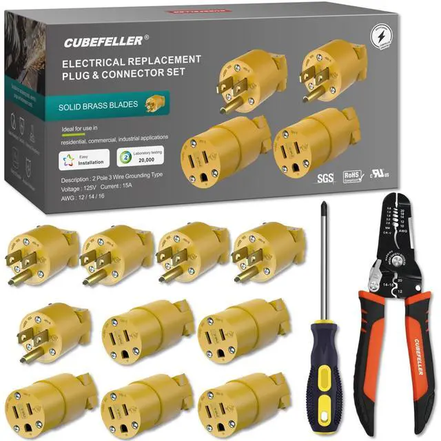 Main image of Electrical Replacement Plug & Connector Set, Extension Cord Ends Male and Female, 3 Prong,15 Amp 125 Volt, NEMA 5-15P & 5-15R, UL Listed,Comes with Wire Stripper and Screwdriver,ER1105S