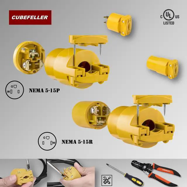 Alt view image 3 of 7 - Electrical Replacement Plug & Connector Set, Extension Cord Ends Male and Female, 3 Prong,15 Amp 125 Volt, NEMA 5-15P & 5-15R, UL Listed,Comes with Wire Stripper and Screwdriver,ER1105S