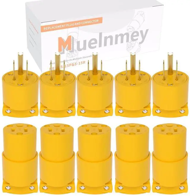 Main image of Extension Cord Ends Male and Female Electrical Replacement Plug & Connector NEMA 5-15P & 5-15R 15A 125V Yellow Shell 2Pole 3Wire Straight Blade Plug Grounding Type.5 Set
