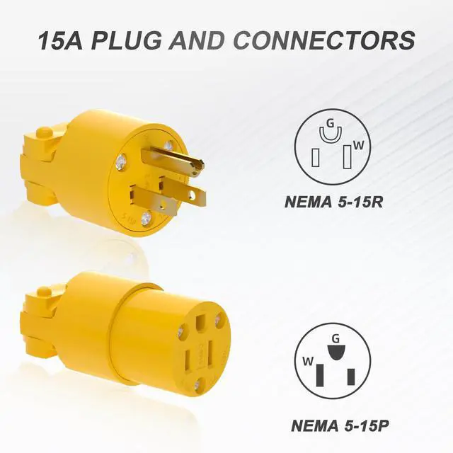 Alt view image 2 of 7 - Extension Cord Ends Male and Female Electrical Replacement Plug & Connector NEMA 5-15P & 5-15R 15A 125V Yellow Shell 2Pole 3Wire Straight Blade Plug Grounding Type.5 Set