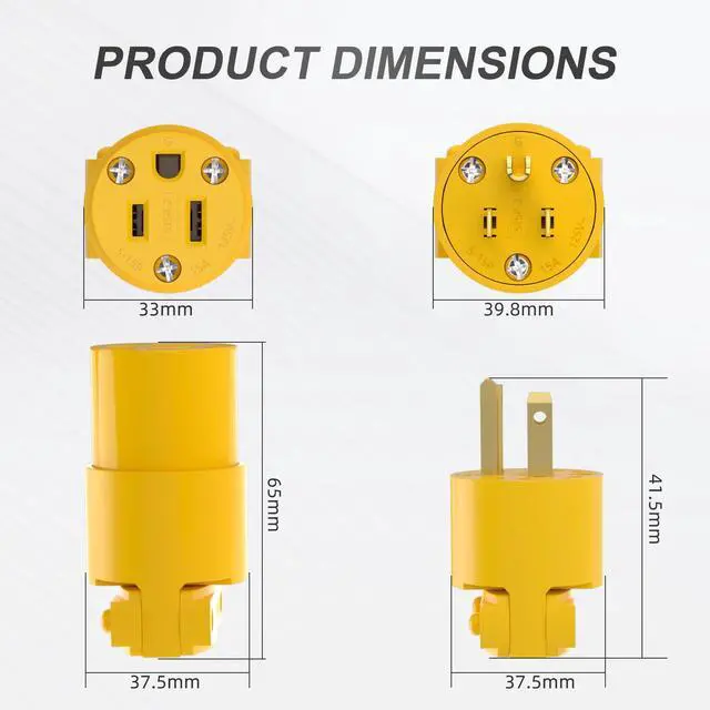 Alt view image 4 of 7 - Extension Cord Ends Male and Female Electrical Replacement Plug & Connector NEMA 5-15P & 5-15R 15A 125V Yellow Shell 2Pole 3Wire Straight Blade Plug Grounding Type.5 Set