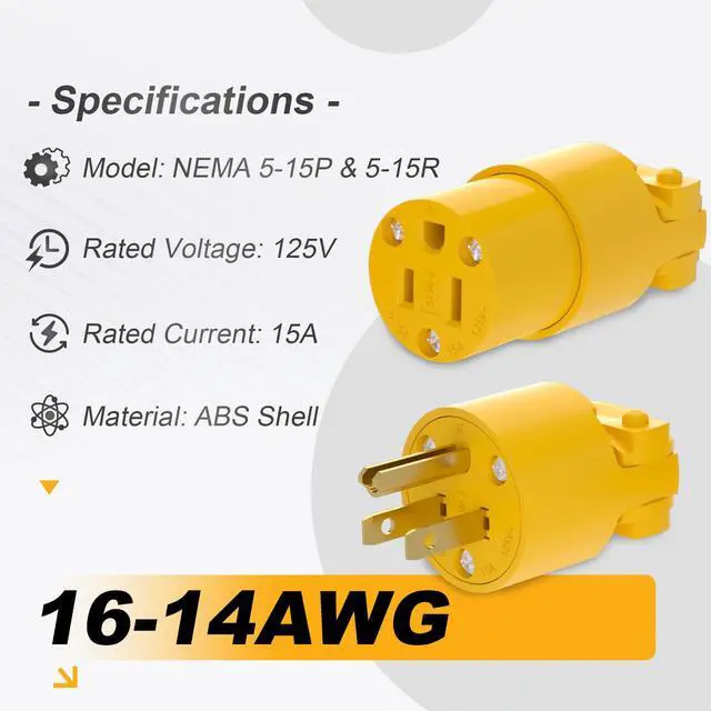 Alt view image 3 of 7 - Extension Cord Ends Male and Female Electrical Replacement Plug & Connector NEMA 5-15P & 5-15R 15A 125V Yellow Shell 2Pole 3Wire Straight Blade Plug Grounding Type.5 Set