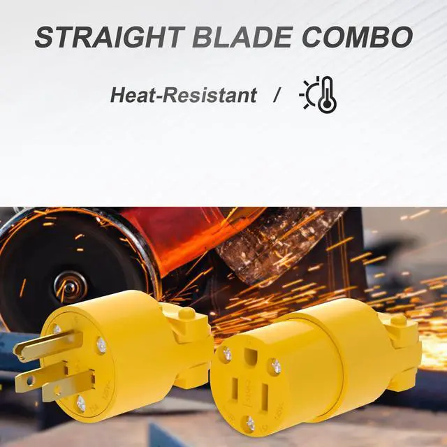 Alt view image 7 of 7 - Extension Cord Ends Male and Female Electrical Replacement Plug & Connector NEMA 5-15P & 5-15R 15A 125V Yellow Shell 2Pole 3Wire Straight Blade Plug Grounding Type.5 Set