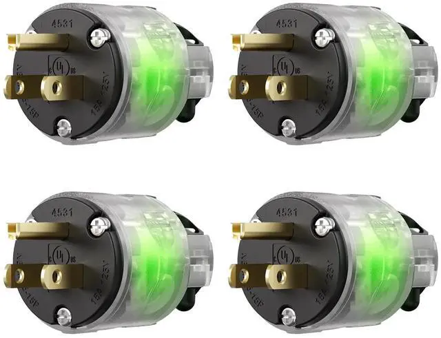 Main image of 4 Pack Lighted Grounding Plug15 Amp 125 Volt Extension Cord Plug Replacement 3 Prong NEMA 5-15P 2 Pole 3 Wire Grounding Straight Blade Electrical Plug Replacement Cord Outlet ,UL Listed