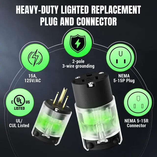 Alt view image 3 of 7 - 4 Pack Lighted Grounding Plug15 Amp 125 Volt Extension Cord Plug Replacement 3 Prong NEMA 5-15P 2 Pole 3 Wire Grounding Straight Blade Electrical Plug Replacement Cord Outlet ,UL Listed