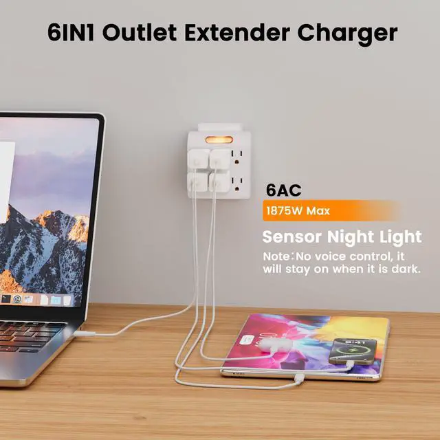 Alt view image 2 of 7 - 6-Outlet Extender, 3-Prong Grounded Wall Tap Adapter with LED Guide Light, 1875W Multiple Plug Electrical Outlets Splitter for Home, Office, Hotel, Travel, ETL Listed, Cruise Essentials, White