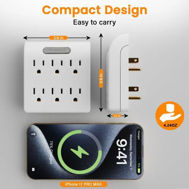 Alt view image 5 of 7 - 6-Outlet Extender, 3-Prong Grounded Wall Tap Adapter with LED Guide Light, 1875W Multiple Plug Electrical Outlets Splitter for Home, Office, Hotel, Travel, ETL Listed, Cruise Essentials, White