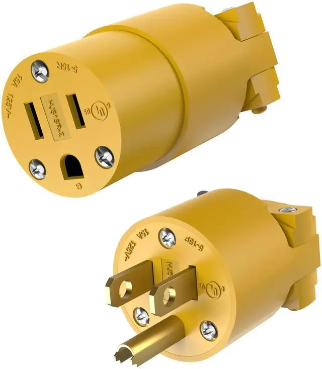Main image of Electrical Replacement Plug & Connector Set, Extension Cord Ends Male and Female, 15 Amp 125 Volt, Straight Blade Plug Grounding Type, NEMA 5-15P & 5-15R, UL Listed, 66202-Y, Yellow