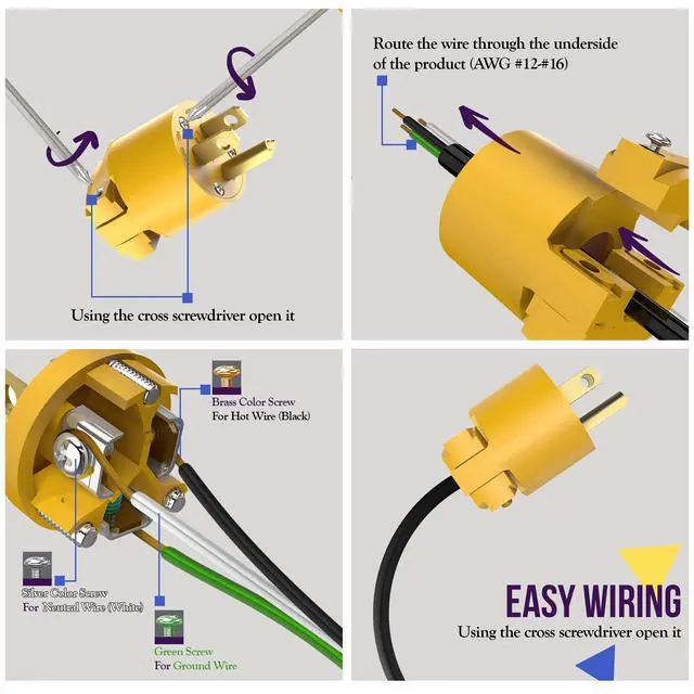 Alt view image 3 of 7 - Electrical Replacement Plug & Connector Set, Extension Cord Ends Male and Female, 15 Amp 125 Volt, Straight Blade Plug Grounding Type, NEMA 5-15P & 5-15R, UL Listed, 66202-Y, Yellow