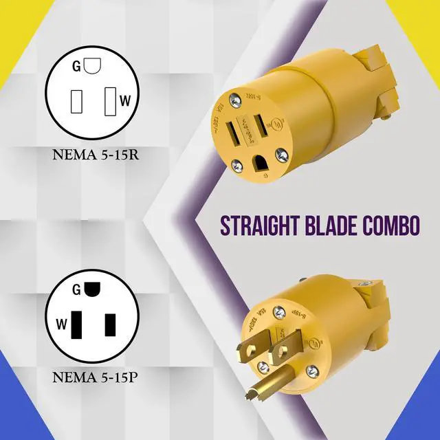 Alt view image 5 of 7 - Electrical Replacement Plug & Connector Set, Extension Cord Ends Male and Female, 15 Amp 125 Volt, Straight Blade Plug Grounding Type, NEMA 5-15P & 5-15R, UL Listed, 66202-Y, Yellow
