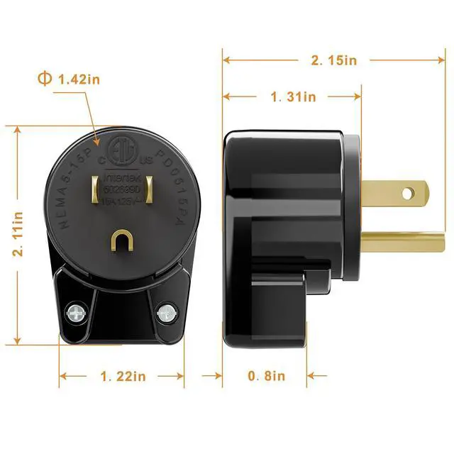Alt view image 6 of 7 - Right Angle Nema 5-15P Rewirable Plug, 15A 125V Household DIY AC Plug, 3 Prong 90 Degree Power Plugs,12 Directions Male USA Canada AC Power Plugs, Etl Listed,Black