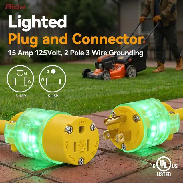Alt view image 2 of 7 - Lighted Plug and Connector Set, Straight Blade Cord End Replacement, 15 Amp 125Volt, NEMA 5-15P & NEMA 5-15R, 2 Pole 3Wire Grounding, Yellow, 1 Set
