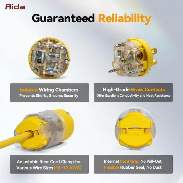 Alt view image 5 of 7 - Lighted Plug and Connector Set, Straight Blade Cord End Replacement, 15 Amp 125Volt, NEMA 5-15P & NEMA 5-15R, 2 Pole 3Wire Grounding, Yellow, 1 Set