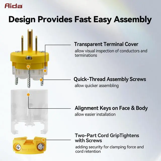 Alt view image 6 of 7 - Lighted Plug and Connector Set, Straight Blade Cord End Replacement, 15 Amp 125Volt, NEMA 5-15P & NEMA 5-15R, 2 Pole 3Wire Grounding, Yellow, 1 Set