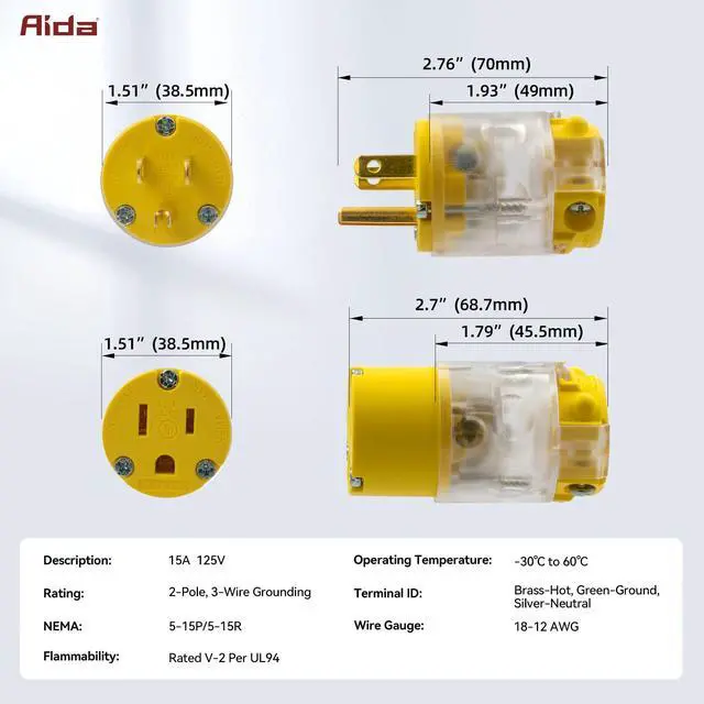 Alt view image 7 of 7 - Lighted Plug and Connector Set, Straight Blade Cord End Replacement, 15 Amp 125Volt, NEMA 5-15P & NEMA 5-15R, 2 Pole 3Wire Grounding, Yellow, 1 Set