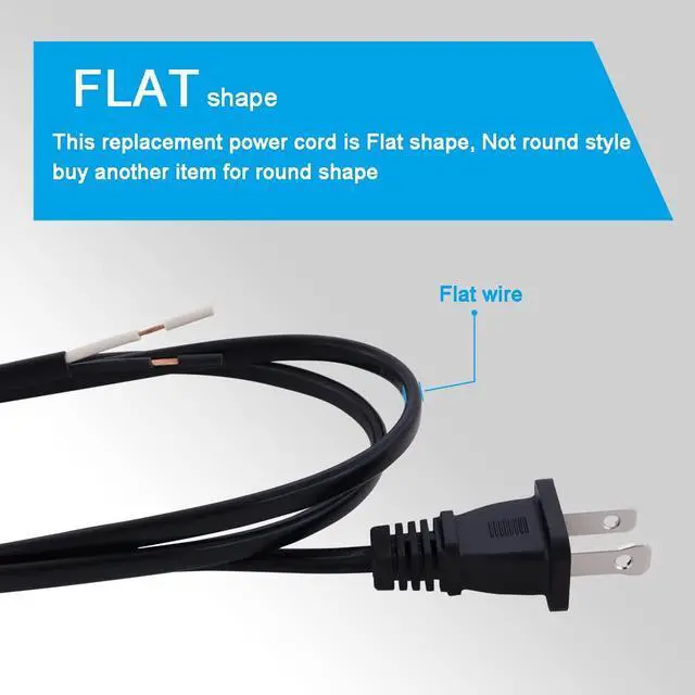 Alt view image 2 of 7 - AC Power Pigtail 2 Prong 18AWG, Replacement Cable 120V Wall Plug, 3ft Polarized Cord Black, Open End 10A, Flat Wire 1200W at 120VAC