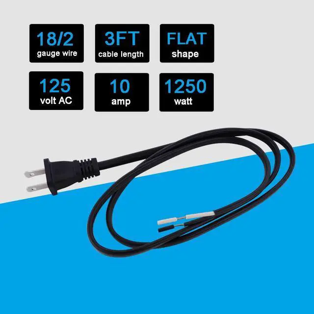 Alt view image 3 of 7 - AC Power Pigtail 2 Prong 18AWG, Replacement Cable 120V Wall Plug, 3ft Polarized Cord Black, Open End 10A, Flat Wire 1200W at 120VAC