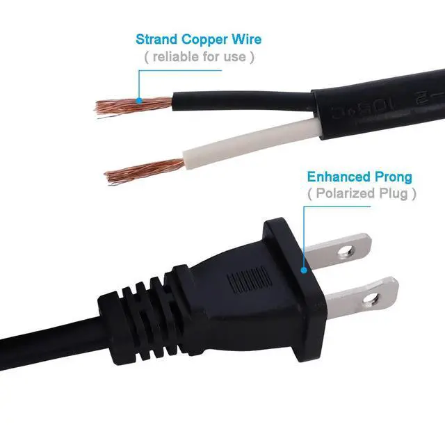 Alt view image 5 of 7 - AC Power Pigtail 2 Prong 18AWG, Replacement Cable 120V Wall Plug, 3ft Polarized Cord Black, Open End 10A, Flat Wire 1200W at 120VAC