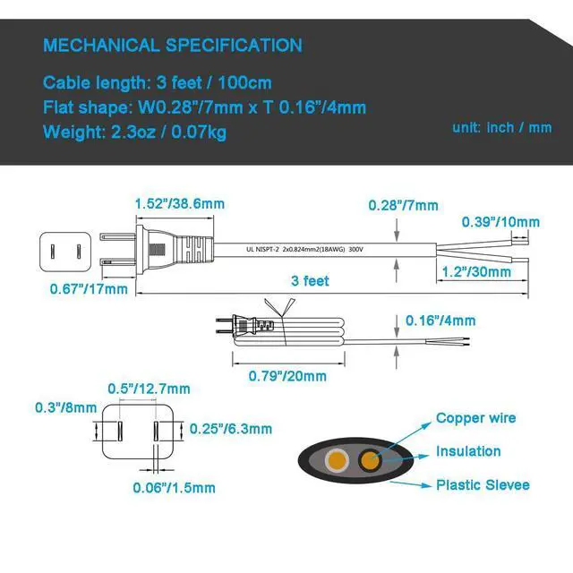 Alt view image 6 of 7 - AC Power Pigtail 2 Prong 18AWG, Replacement Cable 120V Wall Plug, 3ft Polarized Cord Black, Open End 10A, Flat Wire 1200W at 120VAC