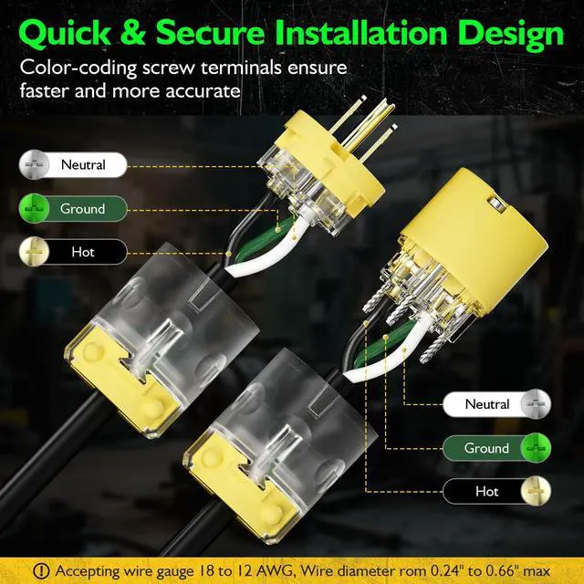 Alt view image 3 of 7 - 1 Set Lighted Extension Cord Ends Replacement Plug 3 Prong 15A 125V NEMA 5-15P*NEMA 5-15R, Electrical Replacement Plug, Male and Female Extension Cord Ends, 15 Amp Plug, UL Listed,Yellow
