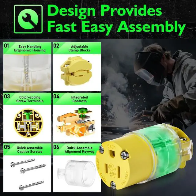 Alt view image 4 of 7 - 1 Set Lighted Extension Cord Ends Replacement Plug 3 Prong 15A 125V NEMA 5-15P*NEMA 5-15R, Electrical Replacement Plug, Male and Female Extension Cord Ends, 15 Amp Plug, UL Listed,Yellow