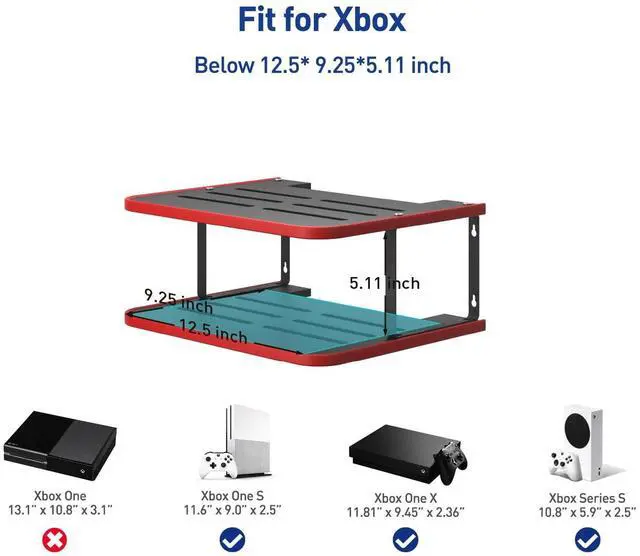 Alt view image 3 of 7 - Floating Under TV Game Double Shelf Stand for Xbox Shelf wall Mount for one S/X Series S, Projector Shelf/Router Shelf/Entertainment Center, Projector Holder Accessories, Black Red