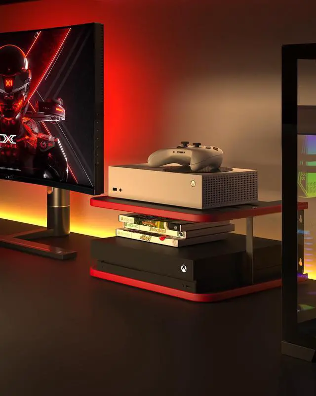 Alt view image 2 of 7 - Floating Under TV Game Double Shelf Stand for Xbox Shelf wall Mount for one S/X Series S, Projector Shelf/Router Shelf/Entertainment Center, Projector Holder Accessories, Black Red