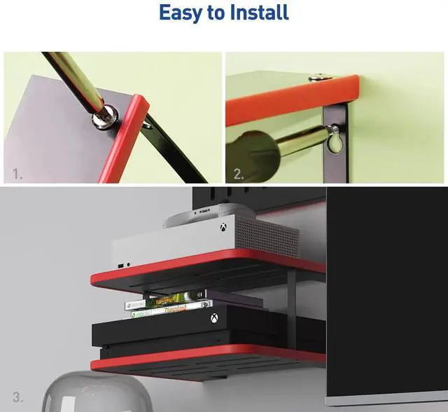 Alt view image 4 of 7 - Floating Under TV Game Double Shelf Stand for Xbox Shelf wall Mount for one S/X Series S, Projector Shelf/Router Shelf/Entertainment Center, Projector Holder Accessories, Black Red