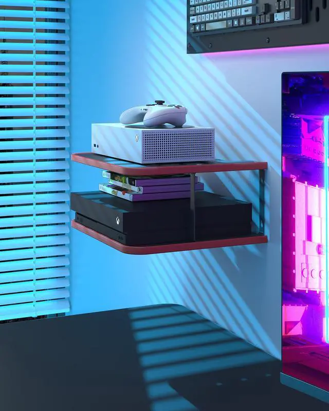 Alt view image 6 of 7 - Floating Under TV Game Double Shelf Stand for Xbox Shelf wall Mount for one S/X Series S, Projector Shelf/Router Shelf/Entertainment Center, Projector Holder Accessories, Black Red