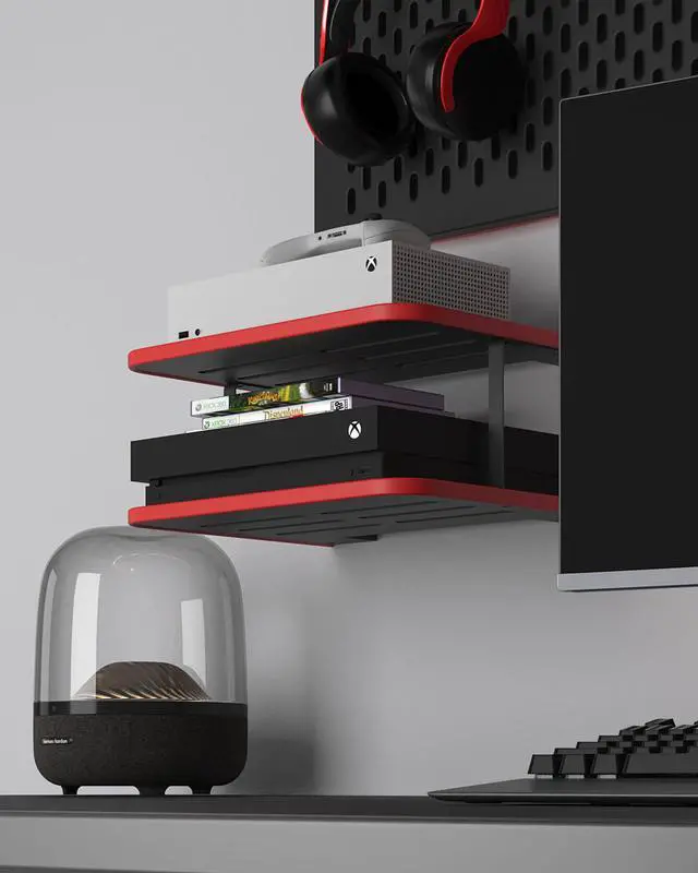 Alt view image 7 of 7 - Floating Under TV Game Double Shelf Stand for Xbox Shelf wall Mount for one S/X Series S, Projector Shelf/Router Shelf/Entertainment Center, Projector Holder Accessories, Black Red