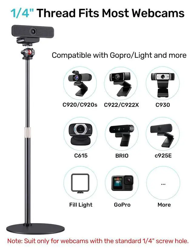 Alt view image 3 of 7 - Webcam Stand for Desk, Raise Height Desktop Stand with Adjustment, 360°Rotatable Ballhead Desktop Tripod for Live Streaming/Video Calling with 1/4" Thread